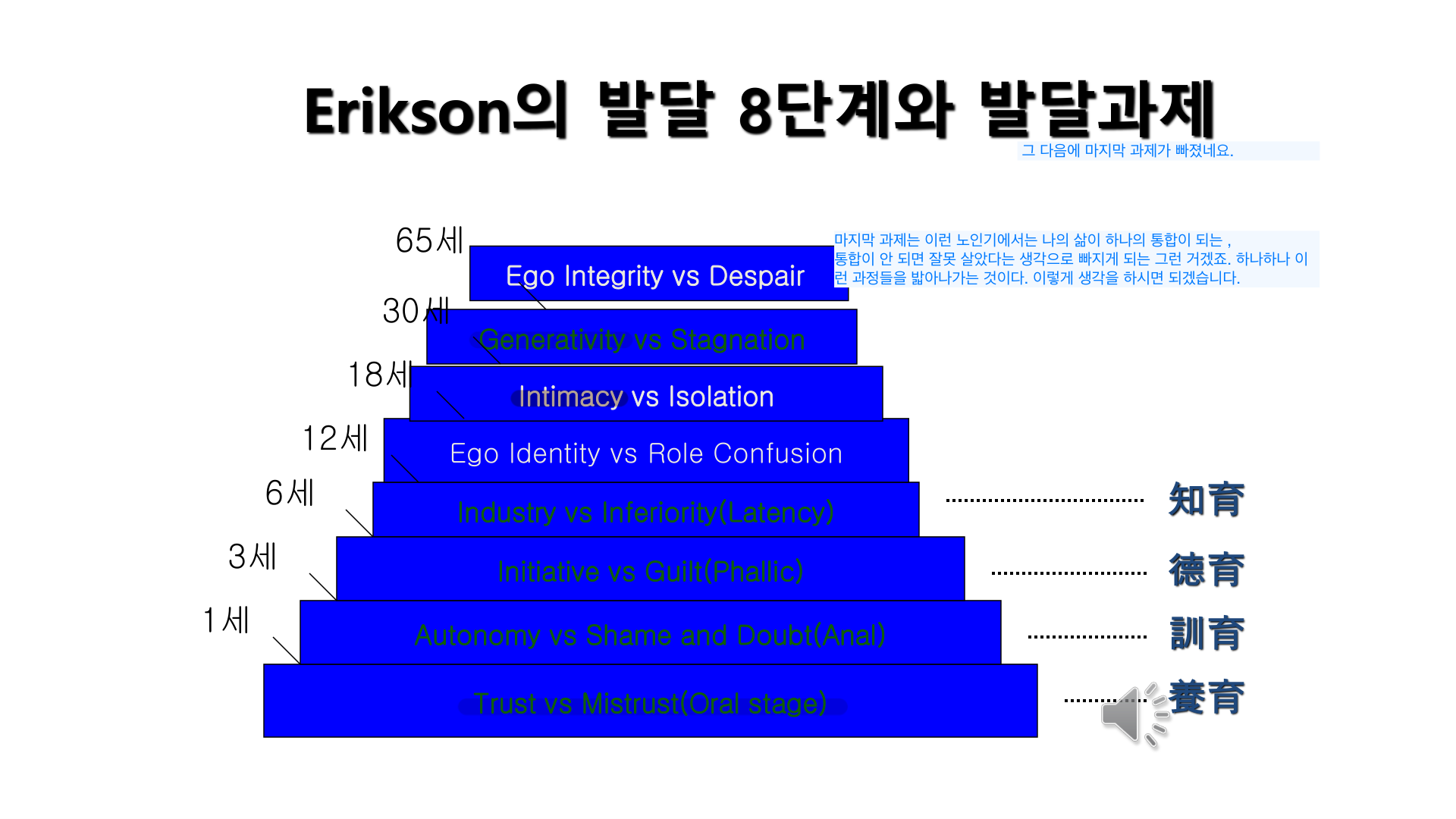Erikson 8단계 피라미드 — 연령별 과제(Trust→Ego Integrity)와 養育·訓育·德育·知育 대응.