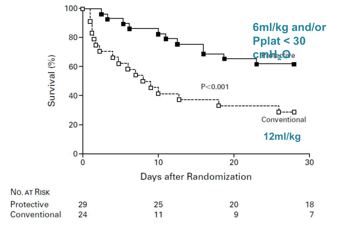 Amato 1998 보호적 환기전략 생존곡선 (Protective vs Conventional, P<0.001)